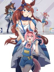  2girls animal_ears blue_eyes bow bowtie brown_hair byuzu07 commentary english_commentary hairband haru_urara_(casual)_(umamusume) haru_urara_(umamusume) height_difference highres horse_girl horse_tail multiple_girls photo_inset pink_eyes pink_hair ponytail red_hairband super_creek_(umamusume) tail umamusume 