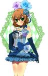  alternate_costume bare_shoulders blue_rose blush bow brown_hair choker dress flower frills gloves green_eyes hair_flower hair_ornament hand_on_own_chest hand_to_chest jewelry natalia_luzu_kimlasca_lanvaldear purple_rose ribbon rose short_hair solo tales_of_(series) tales_of_the_abyss 