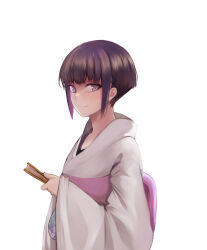  1girl absurdres back_bow bow closed_mouth colored_inner_hair commentary_request folded_fan folding_fan ganida_boushoku hand_fan highres holding holding_fan hyuuga_hinata japanese_clothes kimono long_sleeves looking_at_viewer multicolored_hair naruto_(series) obi sash short_hair simple_background smile solo upper_body violet_eyes white_background white_kimono wide_sleeves 
