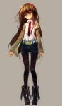  blue_eyes blue_shorts boots brown_boots brown_hair grey_jacket jacket legwear_under_shorts long_hair makise_kurisu pantyhose shirt shorts solo steins;gate ukyo_rst white_shirt 