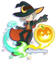  1boy bat_(animal) belt brown_belt candy capelet closed_eyes coat commentary_request crescent crescent_hat_ornament food full_body gloves green_capelet green_coat green_gloves green_hat green_pants green_shoes grey_hair hat hat_ornament holding holding_candy holding_food holding_lollipop jack-o'-lantern lemres_(puyopuyo) lemres_(uncanny)_(puyopuyo) lollipop magic male_focus official_alternate_costume official_style open_mouth orange_capelet orange_coat orange_sweater pants pimyuhuwa pumpkin puyopuyo puyopuyo_quest shoes short_hair simple_background smile solo sparkle striped_clothes striped_sweater sweater swirl_lollipop twitter_username two-sided_capelet two-sided_coat two-sided_fabric white_background witch_hat 