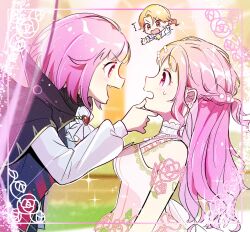  1boy 2girls :d ^^^ black_cape black_vest blonde_hair blush braid breasts brown_eyes cape chibi commentary_request curtains dress eye_contact fang from_side grabbing_another's_chin hand_on_another's_chin highres jacket long_hair long_sleeves looking_at_another medium_breasts momomo_(m0_3) multiple_girls ootori_emu parted_bangs pink_hair profile project_sekai puffy_long_sleeves puffy_sleeves shirt short_hair smile sweat tenma_tsukasa v-shaped_eyebrows very_long_hair vest violet_eyes white_dress white_jacket white_shirt 