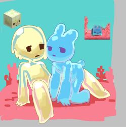  2others all_fours animal_ears blub_(minecraft) blue_sky creature dui_(duihan) expressionless highres jitome minecraft multiple_others rabbit_ears rabbit_tail reference_inset see-through_body shiny_skin sky slime_(substance) spread_legs sulfur_cube tail 