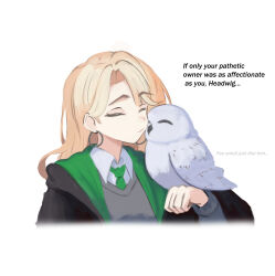  1girl absurdres bird bird_on_hand blonde_hair closed_mouth coat commentary draco_malfoy draco_malfoy_(redteneri) earrings english_commentary english_text genderswap genderswap_(mtf) green_necktie grey_vest harry_potter_(series) hedwig highres hoop_earrings jewelry necktie open_clothes open_coat owl seizedguysavage simple_background smile solo upper_body vest white_background wizarding_world 