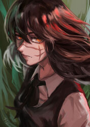  1girl absurdres black_hair black_ribbon black_vest chainsaw_man collared_shirt commentary_request cross_scar dress dress_shirt eyelashes floating_hair green_background highres lips long_hair long_sidelocks looking_at_viewer motion_blur neck_ribbon orange_eyes pinafore_dress ribbon ringed_eyes scar scar_on_cheek scar_on_face scar_on_nose shirt sidelocks sleeveless sleeveless_dress tiofghln vest white_shirt yoru_(chainsaw_man) 