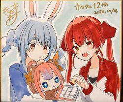  3girls :d absurdres animal_ear_fluff animal_ears blue_eyes blue_hair blue_jacket braid brown_eyes closed_mouth dated hair_ribbon heterochromia highres hololive hololive_dev_is houshou_marine jacket kikirara_vivi kiritoma multicolored_hair multiple_girls photo_(medium) pink_hair purple_hair rabbit-shaped_pupils rabbit_ears red_eyes red_hair red_jacket red_ribbon ribbon shikishi smile symbol-shaped_pupils traditional_media twin_braids twintails two-tone_hair usada_pekora virtual_youtuber white_hair 