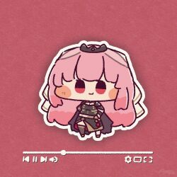  1girl ameya_(kappadoll) black_dress blush_stickers chibi chibi_only closed_mouth commentary dress full_body highres hololive hololive_english long_hair looking_at_viewer media_player_interface mori_calliope mori_calliope_(1st_costume) outline pink_background pink_hair red_eyes simple_background smile solo standing very_long_hair virtual_youtuber white_outline 