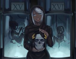  1girl absurdres black_robe blue_eyes commentary dark-skinned_female dark_skin emperor_of_mankind english_commentary erda_(warhammer_40k) flower_lynnn highres indoors lips long_sleeves looking_at_viewer robe short_hair skull smile solo warhammer_40k white_hair 