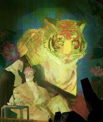  2boys bottle commentary complementary_colors cup dahnu english_commentary extra_eyes flower four_eyes highres japanese_clothes jujutsu_kaisen multiple_boys plant plug_(piercing) ryoumen_sukuna_(jujutsu_kaisen) sakazuki sake_bottle short_hair sitting spiky_hair table tattoo tiger uraume_(jujutsu_kaisen) white_hair 