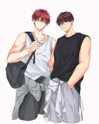  2boys bag black_tank_top brown_hair character_request check_character clothes_around_waist collarbone commentary_request cropped_legs glasses grey_pants hair_between_eyes hands_in_pockets highres jacket jacket_around_waist jewelry ji_eunoh ji_seung-hyeok korean_commentary looking_at_viewer male_focus meongki_18 multiple_boys necklace one-room_ta pants short_hair shoulder_bag simple_background smile tank_top white_background white_tank_top 