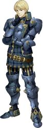  1boy armor belt black_eyes black_gloves blonde_hair blue_armor brown_belt clive_(fire_emblem) fire_emblem fire_emblem_echoes:_shadows_of_valentia full_body gloves hidari_(left_side) highres knight leg_armor looking_at_viewer male_focus mole_on_chin official_art short_hair shoulder_armor smile solo transparent_background 