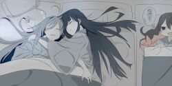  ahoge black_hair blanket blue_hair closed_eyes commentary_request drooling fang futon grey_hair hair_between_eyes hair_over_one_eye hayashimo_(kancolle) hug japanese_clothes kantai_collection kiyoshimo_(kancolle) long_hair lying mouth_drool multicolored_hair multiple_girls naganami_(kancolle) on_back on_side open_mouth pillow pink_hair sleeping speech_bubble thought_bubble translation_request under_covers very_long_hair wide_sleeves yomosaka zzz 