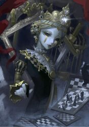  1girl absurdres bell bishop_(chess) black_dress blue_gem board_game chess chess_piece closed_mouth collar colored_skin crown curtains dress earrings er_er_(xhs_5482754859) expressionless face_piercing facepaint facial_mark facial_tattoo frills gem glint gold_crown gold_trim grey_skin hair_bun highres holding holding_chess_piece hollow_eyes identity_v jewelry juliet_sleeves king_(chess) lip_piercing long_sleeves neck_ruff necklace non-web_source parted_bangs pawn_(chess) picture_frame piercing puffy_sleeves queen_(chess) rook_(chess) shirt short_hair solid_eyes solo sword tattoo upper_body weapon yellow_crown 
