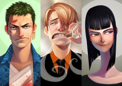  1girl 2boys black_hair black_necktie black_vest blonde_hair blood blood_on_face blue_shirt blunt_bangs cigarette clenched_teeth commentary earrings green_hair grimhel hair_over_one_eye jewelry long_neck looking_at_viewer looking_to_the_side multiple_boys necktie nico_robin one_piece orange_shirt roronoa_zoro sanji_(one_piece) shirt short_hair smile teeth vest 