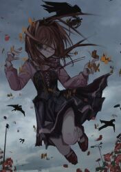  1girl animal_on_head bird bird_on_head black_dress blue_eyes bow brown_hair bug butterfly clouds cloudy_sky collared_shirt commentary_request cross-laced_clothes crow crown cuffs dark dress expressionless falling floating gold_trim hair_between_eyes headband highres leaf long_hair long_sleeves mary_janes messy_hair midair mini_crown neck_ribbon on_head orange_butterfly pantyhose pinafore_dress pink_shirt pleated_skirt purasnt red_bow red_ribbon red_shoes ribbon shirt shoes skirt sky sleeveless sleeveless_dress solo spider suspender_skirt suspenders umineko_no_naku_koro_ni ushiromiya_maria white_pantyhose 