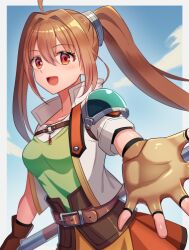  1girl :d ahoge armor belt blonde_hair blue_sky bo_staff border brown_belt brown_gloves clouds commentary_request cowboy_shot cropped_jacket day double-parted_bangs eiyuu_densetsu estelle_bright fingerless_gloves floating_hair gem gloves green_shirt hair_between_eyes hair_intakes hairband high_collar holding holding_staff holding_weapon jacket leather_belt long_hair looking_at_viewer lowres metal_hairband offering_hand open_clothes open_hand open_jacket open_mouth orange_skirt outside_border outstretched_arm pauldrons red_eyes red_gem shira_yu_ki shirt shirt_tucked_in short-sleeved_jacket short_sleeves shoulder_armor single_pauldron skirt sky smile solo sora_no_kiseki sora_no_kiseki_fc staff teardrop-shaped_gem twintails weapon white_border 