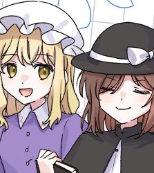  2girls black_capelet black_hat blonde_hair book bow buttons capelet closed_eyes collared_capelet collared_dress commentary_request contrast_collar dr.latency's_freak_report dress hat hat_bow holding holding_book long_hair maribel_hearn medium_hair mob_cap multiple_girls nnn_lu open_mouth portrait purple_dress shirt smile touhou usami_renko white_bow white_hat white_shirt yellow_eyes 