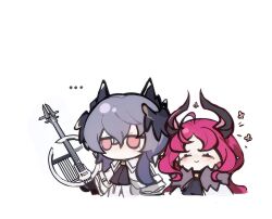  ... 1boy 1girl arknights ascot black_ascot black_gloves cello chibi chibi_only closed_eyes closed_mouth cosplay gloves grey_hair head_wings holding holding_instrument horns instrument logos_(arknights) long_hair nymph_(arknights) pink_hair pointy_ears red_eyes simple_background smile upper_body virtuosa_(arknights) virtuosa_(arknights)_(cosplay) white_background wings yi_gen_sanmingzhi 