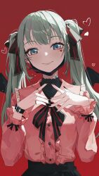  1girl absurdres black_bow black_bowtie black_dress black_mask black_nails blue_eyes bow bowtie chinese_commentary closed_mouth commentary_request dress ear_ornament eimizzzzz green_halo halo hatsune_miku head_tilt highres jirai_kei long_hair looking_at_viewer mask mask_pull mouth_mask pink_shirt red_background shirt simple_background solo straight-on twintails upper_body vampire_(vocaloid) vocaloid 