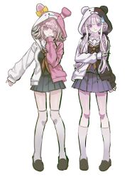  2girls absurdres animal_hood bear_hood blush_stickers braid character_hood danganronpa_(series) full_body heirlette highres hood hood_up jacket kirigiri_kyoko monokuma monomi_(danganronpa) multicolored_jacket multiple_girls nanami_chiaki pink_hair purple_hair rabbit_hood school_uniform serafuku single_braid sweatdrop two-tone_jacket violet_eyes 