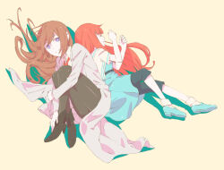  2girls aqua_dress aqua_shoes black_boots black_pantyhose black_shorts blunt_bangs boots brown_hair child coat commentary_request dress highres huwahuwa_youmou knees_to_chest lab_coat long_hair loose_necktie makise_kurisu makise_kurisu_(amadeus) multiple_girls necktie open_collar pantyhose red_hair red_necktie science_adventure shiina_kagari shoes shorts socks square_pupils steins;gate steins;gate_0 very_long_hair violet_eyes white_coat white_socks 