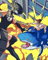  1girl 2boys apron bare_shoulders beam_(chainsaw_man) black_apron black_gloves black_ribbon black_thighhighs blue_pants bomb_hybrid_(chainsaw_man) breasts chainsaw chainsaw_man clenched_hand commentary_request denji_(chainsaw_man) doe_(doe69109327) elbow_gloves explosion explosion_background extra_eyes gloves highres medium_breasts midair multiple_boys neck_ribbon open_clothes open_mouth open_shirt pants reze_(chainsaw_man) ribbon riding_shark shark shark_devil_(chainsaw_man) sharp_teeth shirt shoes sleeveless sleeveless_shirt teeth thigh-highs tongue tongue_out white_shirt white_shoes 