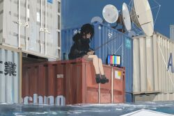  1girl antennae bare_legs black_hair black_hoodie black_shoes closed_mouth crt fishing fishing_rod grey_socks highres holding holding_fishing_rod hood hoodie koukouya looking_down original shipping_container shoes short_hair sitting socks solo wide_shot 
