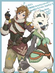  2boys :o aqua_border arms_behind_back artist_name beak belt bird_boy bird_legs black_gloves blue_eyes boots border brown_belt brown_feathers brown_hair brown_pants brown_shirt chest_belt commentary feather_hair_ornament feathered_wings feathers feet_out_of_frame finger_heart fingerless_gloves fur-trimmed_boots fur-trimmed_gloves fur_trim furry furry_male girly_boy gloves green_neckerchief grid_background hair_ornament hair_tie hand_on_own_hip head_tilt heart highres ivy_(sena0119) link long_sleeves looking_at_viewer male_focus multiple_boys neckerchief open_mouth orange_belt outside_border pants pointy_ears prosthesis prosthetic_arm rito shirt short_eyebrows short_hair sidelocks smile snowquill_set_(zelda) the_legend_of_zelda the_legend_of_zelda:_tears_of_the_kingdom topknot translation_request tulin_(zelda) twitter_username untranslatable_commentary white_background white_feathers winged_arms wings winter_clothes 