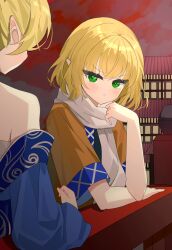  2girls architecture blonde_hair blue_kimono blush brown_shirt chimi_(s2yuyukos2) closed_mouth commentary east_asian_architecture frown green_eyes highres hoshiguma_yuugi hoshiguma_yuugi_(kimono) japanese_clothes kimono long_sleeves looking_at_another looking_to_the_side mizuhashi_parsee multiple_girls off_shoulder pointy_ears railing red_sky scarf shirt short_hair short_sleeves sky solo_focus touhou upper_body v-shaped_eyebrows white_scarf 