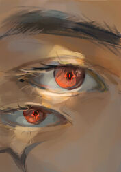  1boy close-up commentary extra_eyes eye_focus eyelashes facial_tattoo highres jujutsu_kaisen male_focus red_eyes ryoumen_sukuna_(jujutsu_kaisen) solo symbol-shaped_pupils tattoo untranslatable_commentary woshihedawei 