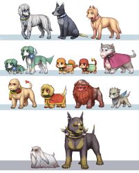  3girls 6+boys age_difference animalization cecil_harvey ceodore_harvey cid_pollendina claws closed_mouth collar dog edward_chris_von_muir emlan english_commentary fangs final_fantasy final_fantasy_iv floppy_ears fusoya golbez highres kain_highwind looking_at_another multiple_boys multiple_girls open_mouth palom porom rosa_farrell rydia_(adult)_(ff4) rydia_(ff4) rydia_(young)_(ff4) smile spiked_collar spikes tellah tongue tongue_out yang_fang_leiden 