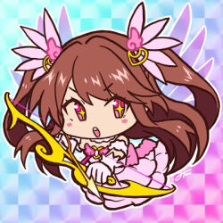  >_o 1boy aqua_background arrow_(projectile) blue_background bow_(weapon) brown_hair chibi chibi_only commentary_request crossdressing crossdressing_(mtf) cupid dress gloves gradient_background gradient_wings hair_ornament idolmaster idolmaster_side-m long_hair lowres male_focus mizushima_saki multicolored_wings nemuko_(minkoooozzz) one_eye_closed pink_background pink_eyes pink_gloves purple_background sleeveless sleeveless_dress solo star-shaped_pupils star_(symbol) symbol-shaped_pupils teeth trap twintails upper_teeth_only weapon wing_hair_ornament wings 