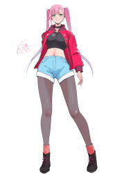  1girl aqua_eyes aragaki_mirei arm_behind_back black_choker black_pantyhose black_shoes black_tank_top blue_shorts breasts choker closed_mouth crop_top denim denim_shorts full_body highres island_lagoon jacket large_breasts long_hair midriff mole mole_under_eye navel open_clothes open_jacket pantyhose pantyhose_under_shorts pink_hair red_jacket red_socks shoes shorts signature smile socks solo standing stomach tank_top twintails very_long_hair yoroiden_samurai_troopers 