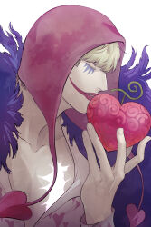  1boy absurdres blonde_hair closed_eyes coat coat_on_shoulders collarbone commentary devil_fruit donquixote_rocinante food fruit fur_coat heart highres holding holding_food holding_fruit jar_(jar_ans) long_sleeves makeup male_focus one_piece parted_lips red_hood scar scar_on_chest shirt short_hair solo untranslatable_commentary upper_body white_background 