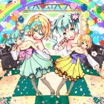  balloon checkered checkered_floor colorful_x_melody_(vocaloid) detached_sleeves dress earmuffs fang hatsune_miku highres kagamine_rin long_hair microphone mona_(artist) petals project_diva project_diva_2nd rainbow speaker strapless_dress thigh-highs thighhighs twintails very_long_hair vocaloid 