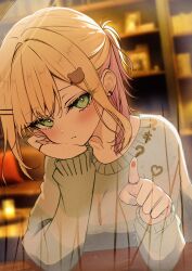  1girl alternate_costume bear_hair_ornament blonde_hair boco_(decoboco_b0c0) commentary_request ear_piercing green_eyes hair_ornament hand_on_own_face heart heart-shaped_pupils highres kurumi_noah looking_at_viewer multicolored_hair pajamas piercing solo striped_clothes striped_sweater sweater symbol-shaped_pupils virtual_youtuber vspo! 
