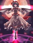  bat_wings blue_hair bobby_socks dress fangs full_moon grin hat hat_ribbon hexagram highres m134 magic_circle moon outstretched_arms pink_dress purple_hair red_eyes red_moon remilia_scarlet ribbon short_hair silver_hair skirt socks solo standing touhou wings wrist_cuffs 