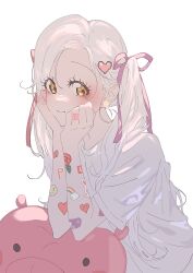  1girl bandaid bandaid_on_arm bandaid_on_finger bandaid_on_hand closed_mouth curtained_hair elbow_rest hair_ornament hair_ribbon hands_on_own_cheeks hands_on_own_face heart heart_hair_ornament long_hair looking_at_viewer original p_(pkochan) pink_ribbon ribbon shirt short_sleeves smile solo sticker_on_arm stuffed_animal stuffed_pig stuffed_toy twintails upper_body white_shirt yellow_eyes 