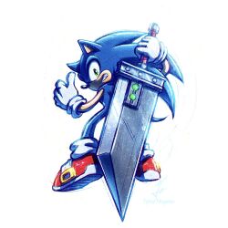  1boy blue_fur boots buster_sword english_commentary final_fantasy final_fantasy_vii final_fantasy_vii_remake from_behind full_body furry furry_male gloves green_eyes grin hedgehog_boy highres holding holding_sword holding_weapon looking_at_viewer looking_back male_focus materia red_boots simple_background smile solo sonic_(series) sonic_the_hedgehog sword sword_on_back thumbs_up tylor_hepner weapon weapon_on_back white_background white_gloves 