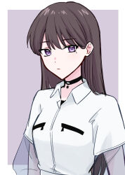 1girl bang_dream! bang_dream!_it's_mygo!!!!! black_choker black_hair border choker closed_mouth collared_shirt expressionless grey_background highres long_sleeves mole mole_under_eye outside_border see-through_clothes see-through_sleeves shiina_taki shirt simple_background solo star_(symbol) star_choker straight_hair violet_eyes white_border white_shirt zangemiya 
