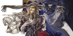  2boys absurdres bat_(animal) beard black_dress black_hair black_jacket blonde_hair closed_mouth collared_jacket commentary cross cross_necklace crown_of_thorns crucifixion darnic_prestone_yggdmillennia dress facial_hair fangs fate/apocrypha fate_(series) frilled_sleeves frills gan'yugu hair_between_eyes highres holding holding_jewelry holding_necklace holding_polearm holding_weapon horse horseback_riding jacket jewelry light_smile long_hair looking_at_viewer male_focus mature_male multiple_boys multiple_views necklace polearm riding thorns turtleneck turtleneck_jacket vampire violet_eyes vlad_iii_(fate/apocrypha) weapon 