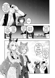  1boy 3girls admire_vega_(casual)_(umamusume) admire_vega_(umamusume) ahoge anger_vein animal_ears baseball_cap closed_eyes closed_mouth collared_shirt commentary crossed_arms crossed_bangs ear_covers english_commentary english_text faceless faceless_male facing_ahead flying_sweatdrops greyros_(gixcraftwork) hands_on_own_hips hat highres horse_ears horse_girl horse_tail jacket legs_apart long_hair long_sleeves looking_afar looking_ahead looking_at_another low_ponytail multiple_girls night official_alternate_costume open_clothes open_jacket open_mouth open_vest orfevre_(casual)_(umamusume) orfevre_(umamusume) outdoors pants pointing pointing_at_another ponytail shirt short_hair sky smile sparkle star_(sky) stargazing starry_sky sweater t-head_trainer_(umamusume) t.m._opera_o_(casual)_(umamusume) t.m._opera_o_(umamusume) tail trainer_(umamusume) umamusume very_long_hair vest wing_collar 