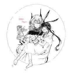  amiya_(arknights) amiya_(young)_(arknights) animal_ears arknights closed_mouth commentary_request demon demon_girl demon_horns doctor_(arknights) half-closed_eyes hand_puppet happy highres horns kal'tsit_(arknights) light_smile open_mouth puppet rabbit rabbit_ears rabbit_girl shishamo_(ekmei4) smile theresa_(arknights) 