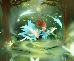  1girl aqua_cape aqua_capelet bare_legs barefoot black_shorts bow_(weapon) bug butterfly cape capelet commentary concept_art dongho_kang dota_(series) dota_2 english_commentary eyelashes feather_capelet floating floating_hair forest full_body glowing_bow_(weapon) grass green_eyes levitation light_particles nature nose official_art open_hand open_mouth orange_hair outdoors short_shorts shorts sketch solo teeth tree weapon windranger_(dota) 