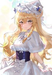  1girl alternate_costume blonde_hair blue_corset blue_ribbon bow braid capelet chinese_commentary closed_mouth commentary_request corset dated dress frilled_wrist_cuffs frills fur-trimmed_capelet fur_trim hair_bow hat hat_bow hat_ornament highres holding_own_dress kirisame_marisa kirisame_marisa_(pinnacle_of_white_magic) l0e9s29p long_hair looking_at_viewer mini_hat neck_ribbon ribbon side_braid signature single_braid solo star_(symbol) star_hat_ornament touhou touhou_lostword very_long_hair white_bow white_capelet white_dress white_hat white_wrist_cuffs witch_hat wrist_cuffs yellow_eyes 