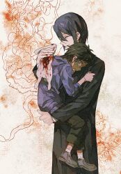  2boys aged_down animal black_coat black_hair black_pants blood bone brown_shoes carrying carrying_person child closed_mouth coat commentary commentary_request dark-skinned_male dark_skin dead_animal highres holding holding_animal hood hoodie horrified intestines kikuchi_ryou long_coat male_focus multiple_boys nax0s_wil3 open_mouth orange_eyes organs pants purple_hoodie samejima_satoru sekai_metsubou_kyouyuu_gensou_mamiya shoes short_hair simple_background smile socks sweatdrop turn_pale untranslatable_commentary white_rabbit_(animal) white_socks wide-eyed 