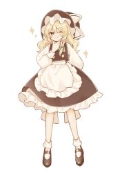  1girl ;) apron black_hat black_shoes black_skirt black_vest blonde_hair bow braid commentary full_body green_bow hair_bow hananenmi hat hat_bow highres kirisame_marisa long_hair long_sleeves one_eye_closed shirt shoes side_braid simple_background single_braid skirt smile socks solo sparkle sparkling_aura touhou untranslatable_commentary vest waist_apron white_apron white_background white_bow white_shirt white_socks witch_hat yellow_eyes 