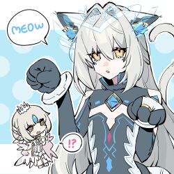  !? 2girls animal_ears animal_hands black_bodysuit black_gloves blue_background bodysuit bracelet cat_ears cat_girl cat_paws cat_tail chibi clothing_cutout code:_esencia_(elsword) code:_sariel_(elsword) crystal eirlys_els elsword empty_eyes eve_(elsword) eyes_visible_through_hair facial_mark gloves grey_hair grey_tail hair_between_eyes hair_intakes highres jewelry kemonomimi_mode long_hair multiple_girls paw_pose shoulder_cutout solo_focus speech_bubble tail very_long_hair white_background 