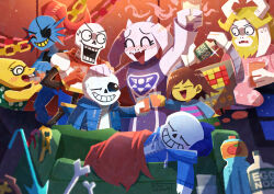  1other 3girls 5boys absurdres alphys androgynous animal_ears arm_up asgore_dreemurr beard black-framed_eyewear black_eyes black_sclera black_tank_top blonde_hair blue_jacket blue_pants blue_skin blue_sweater blush bone brothers brown_hair buck_teeth cape clone closed_eyes colored_sclera colored_skin commentary_request couch cup delta_rune_(symbol) drunk eggnog eyepatch facial_hair fangs frisk_(undertale) furry furry_female furry_male glasses gloves grin hand_on_another's_head highres holding holding_cup hood hood_down hooded_jacket horns jacket long_hair long_sleeves looking_at_another mettaton mettaton_(box) multiple_boys multiple_girls non-humanoid_robot one_eye_closed open_clothes open_jacket open_mouth pants papyrus_(undertale) pink_shirt ponytail red_cape red_gloves red_hair robot round_eyewear sans_(undertale) shirt short_hair siblings skeleton skin_fangs smile sweat sweater tank_top teeth toriel undertale undyne upper_teeth_only utdr_(toby_fox) watawata22 white_eyes yellow_skin 