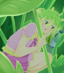  1girl bad_source bottle fanloid flower forest full_body green_eyes green_hair green_shoes hair_flower hair_ornament haru_at_25:00 haruloid kiku_kashi leaf nature pfandchen pink_shirt pink_skirt shirt shoes skirt vocaloid 